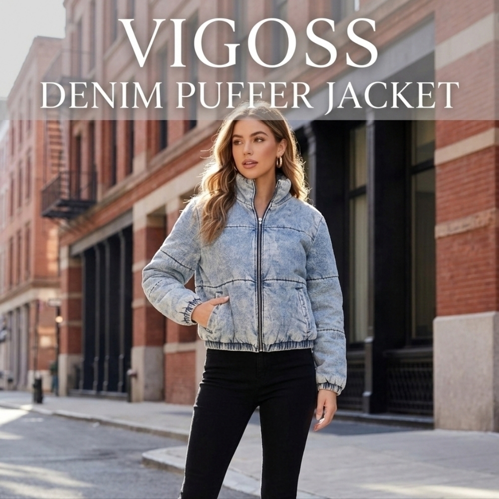 Vigoss Denim Puffer Jacket Light Acid Wash Size XL NWOT Quilted Bomber